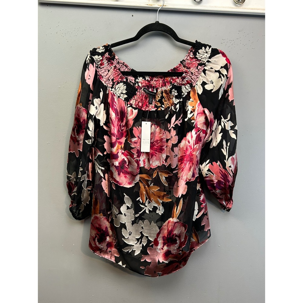 White House Black Market Top Women Large Black Rhubarb Floral Burnout Velvet NEW